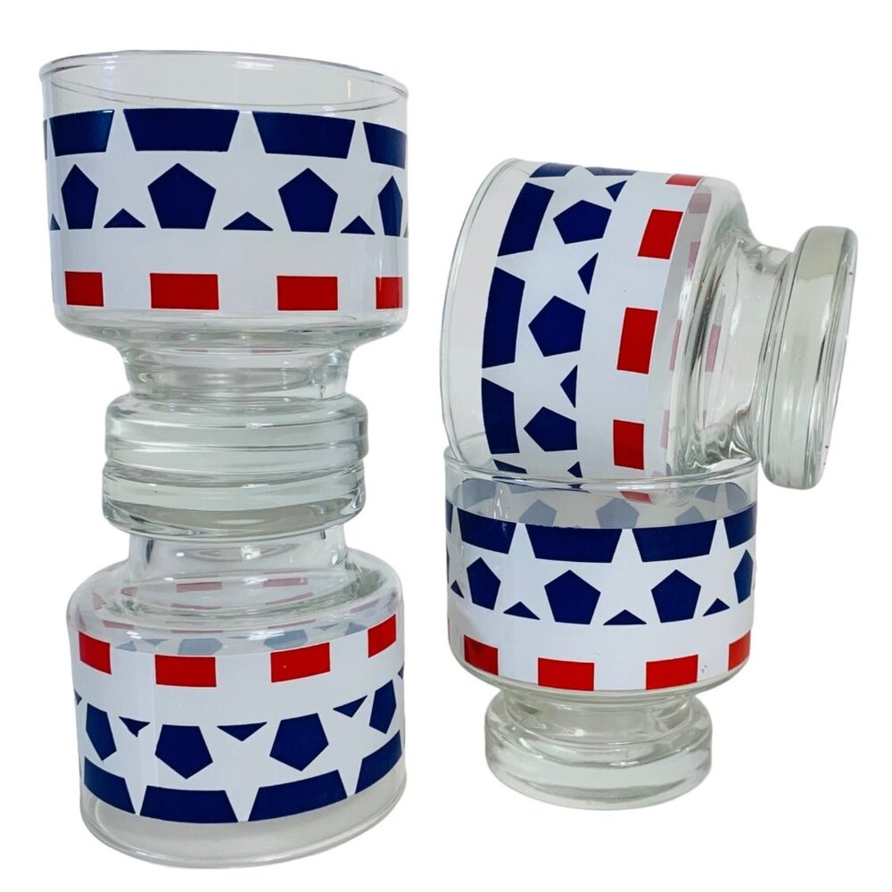 USA Patriotic Pedestal Glasses Set of 4 VTG Red White Blue Star Drinkware Cockta